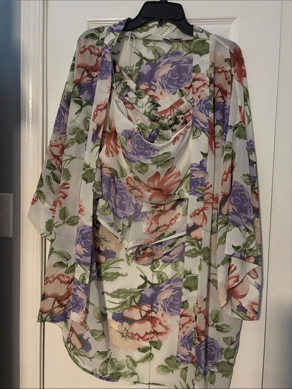 Fashion Nova Floral Sheer Kimono in White with Purple & Green